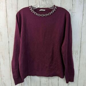Vita Milano Women's Embellished Jewel Neck Sweater Burgundy Wool Blend Size L